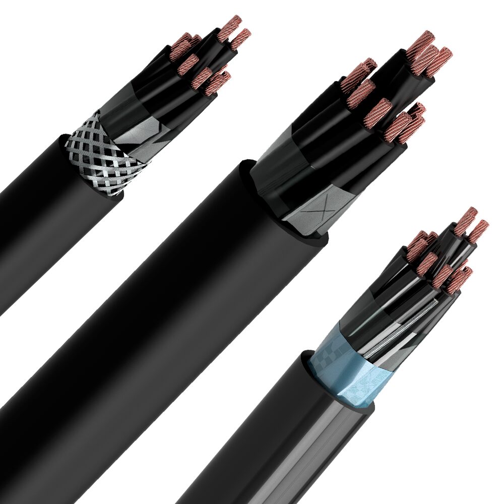 Dois cabos de controle pretos, expondo os fios internos coloridos e a blindagem de alumínio ou cobre.