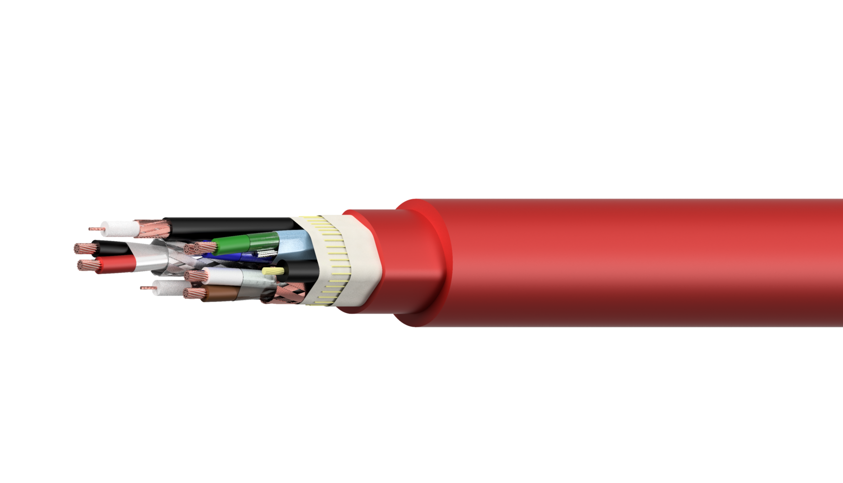 Cross-section view of a red multi-conductor electrical cable showing copper conductors, insulation layers, shielding, and outer jacket.