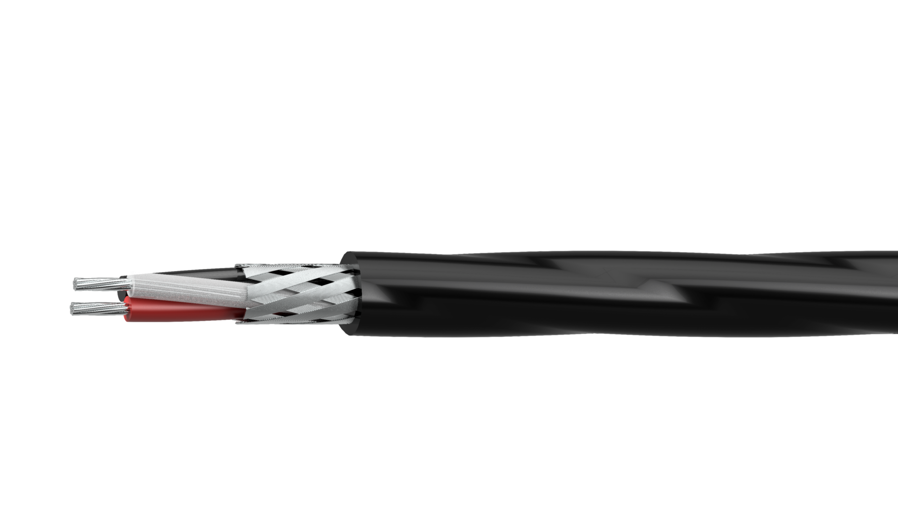 AFT 2x18AWG Cross-section of a black electrical cable showing multiple braided shielding strands, insulated conductors, and a black outer jacket.