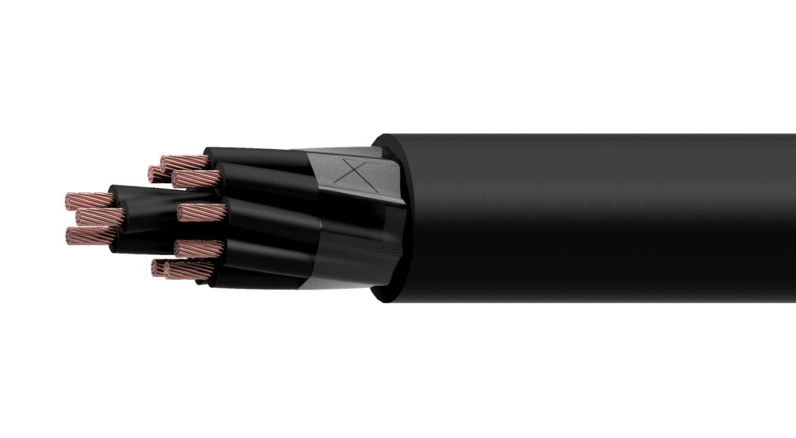 Cross-section of a thick black electrical cable with multiple copper conductors exposed at the left end, showing individual copper strands and insulation.